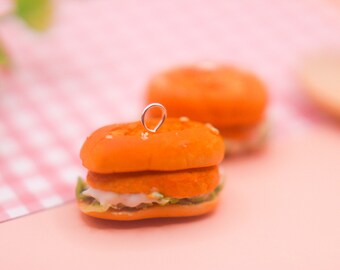 Chicken Burger Charm, Polymer clay food necklace, Miniature food jewellery, Cute jewellery