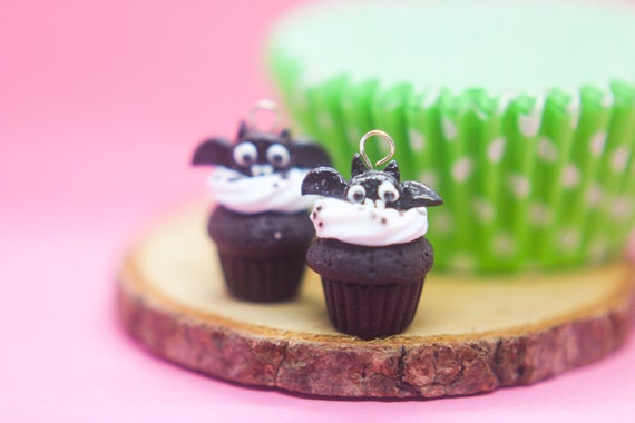 Bat Cupcake Charm, Miniature Polymer Clay Food Necklace
