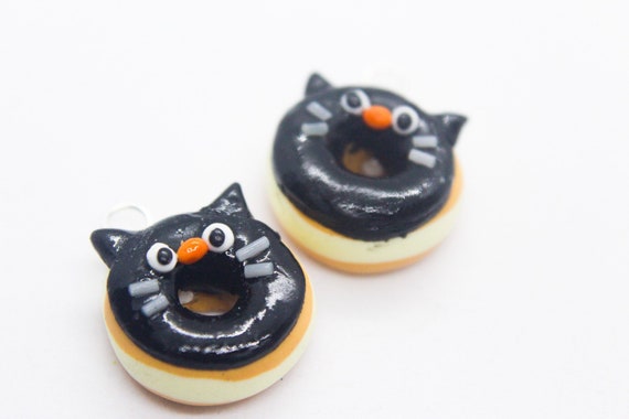 Food Jewelry Black Cat Donut Charm, Pastel Pink gift, Miniature Food Charm, Kawaii gift, Food Necklace, Cat lover gift