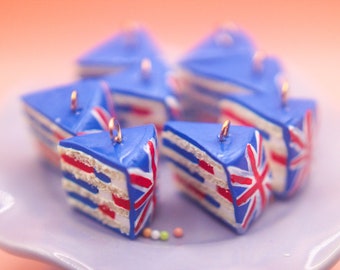 Food Jewelry Union UK Flag Cake Slice Charm, Miniature food charm, Fake Food, Food Bookmark, Foodie gift, Clay Jewelry, Tiny clay food