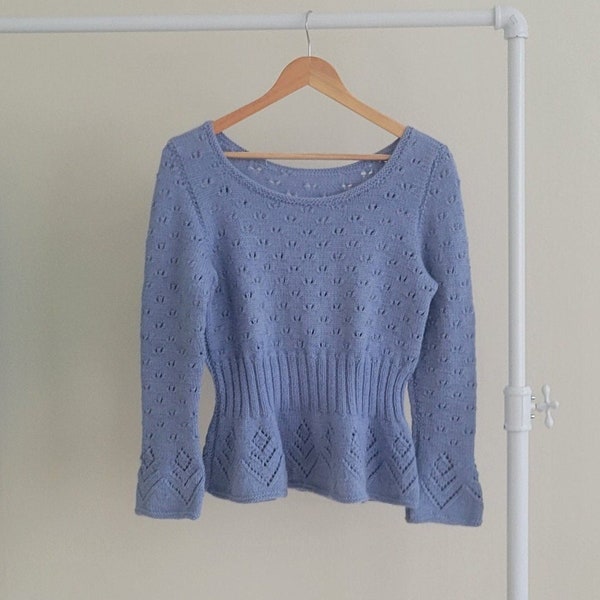 Vintage Handknit Periwinkle Peplum Sweater/Soft Wool/Bell Sleeve