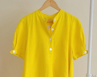 60s Bergdorf Goodman Yellow Linen Swing Dress/ Made in Italy/ Puff Sleeve/ Pockets/Vintage Size 10