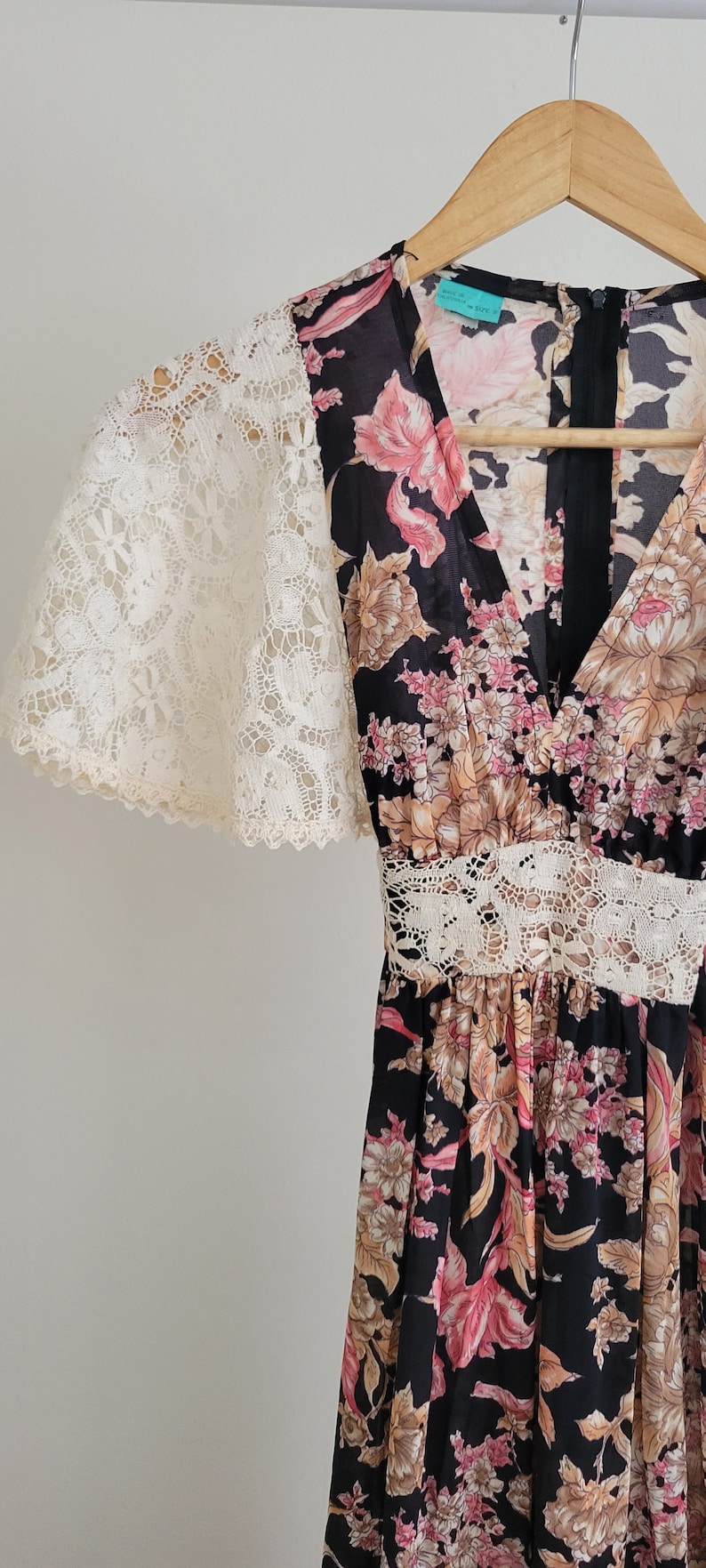 Gunne Sax Style Black Floral Prairie Dress/lace Sleeves/vintage Size 5 ...