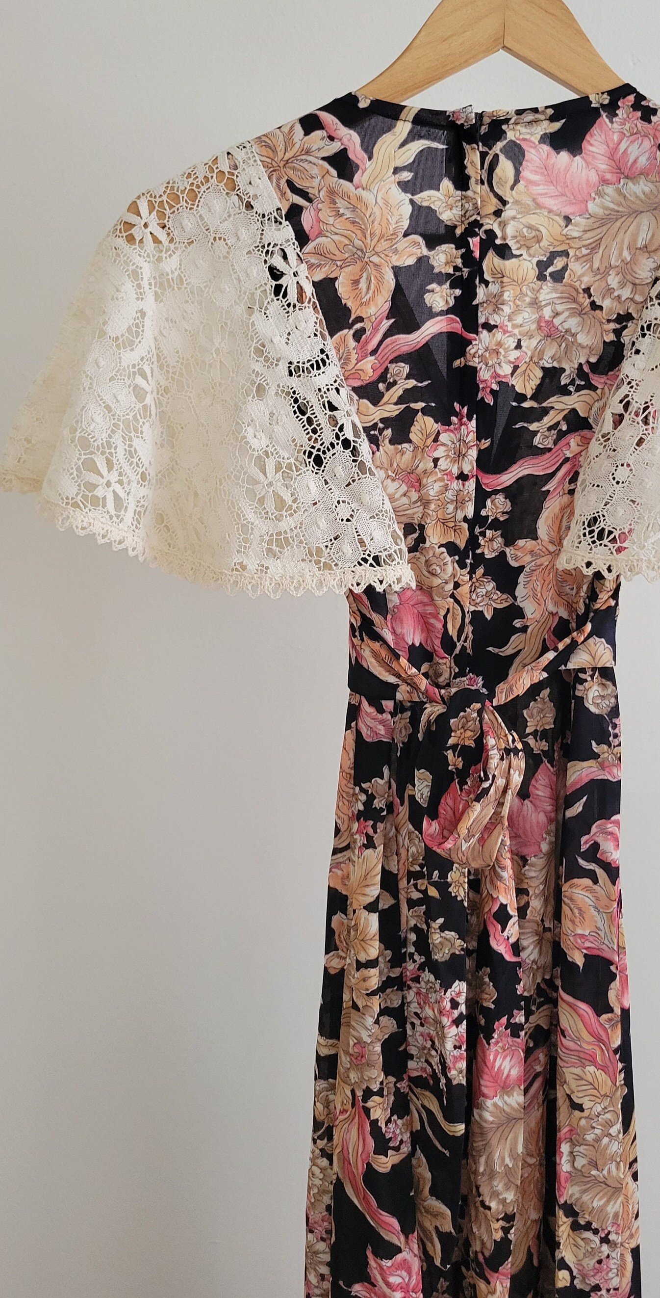 Gunne Sax Style Black Floral Prairie Dress/lace Sleeves/vintage Size 5 ...