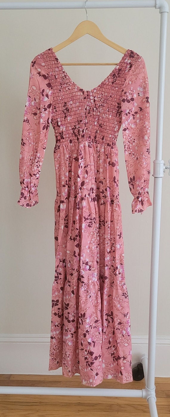 Pink Floral Ruched Longsleeve 70s Maxi Dress