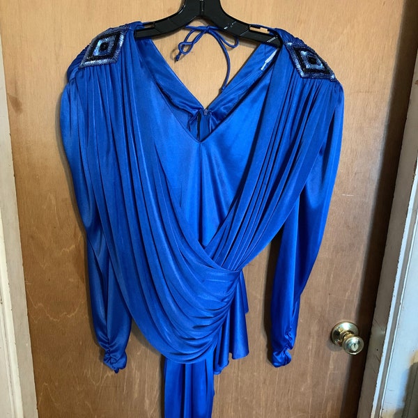 1980s Drape Dress Royal Blue. Joan Collins Huge Shoulders Diamond Shaped Apulets Sequins  Free Shipping