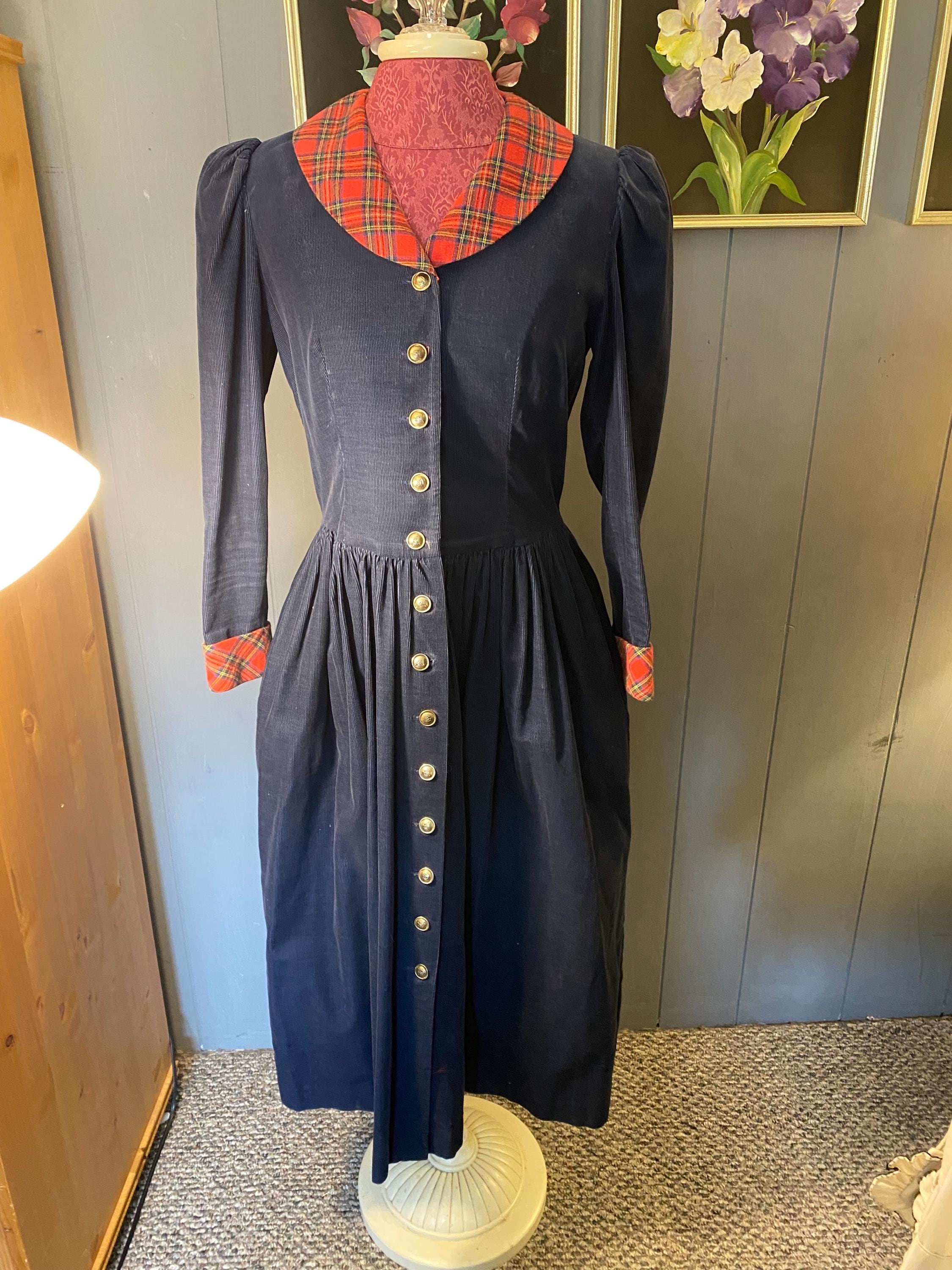 1980s Lanz Originals Navy Corduroy Dress With Red Tartan Plaid