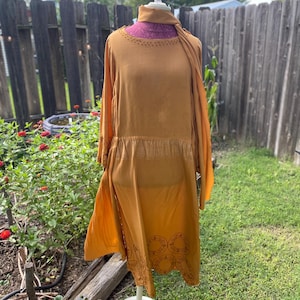 1920s Beaded Dress: Peach Gold Silk Rayon, Pleated Drop Waist