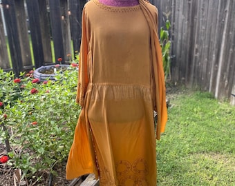 1920s Beaded Dress: Peach Gold Silk Rayon, Pleated Drop Waist