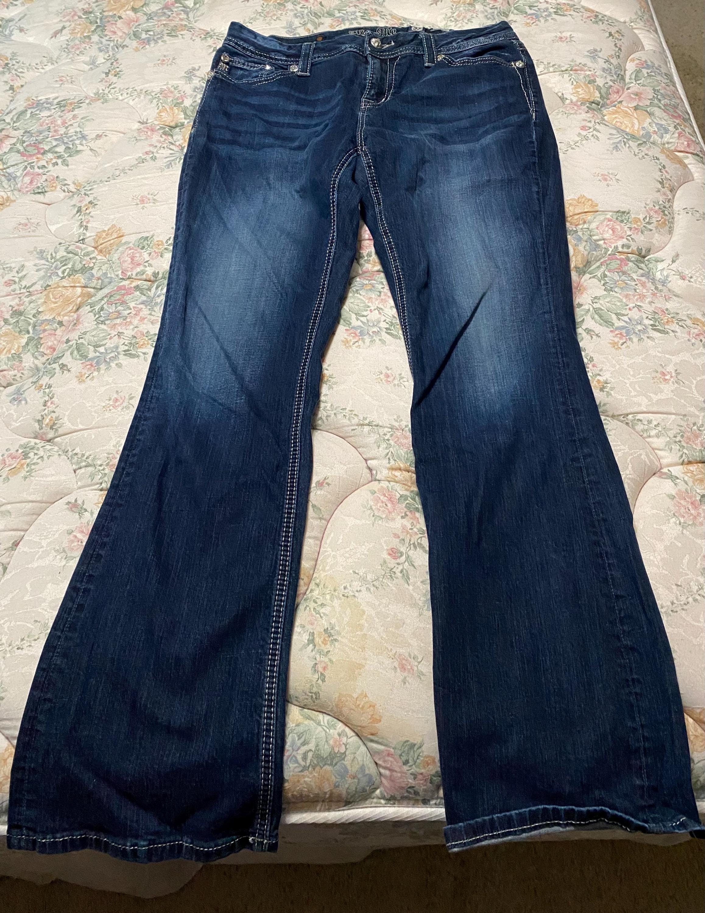 ミスミー デニムジーンズ、ラインストーン装飾、ブーツカット 31/34