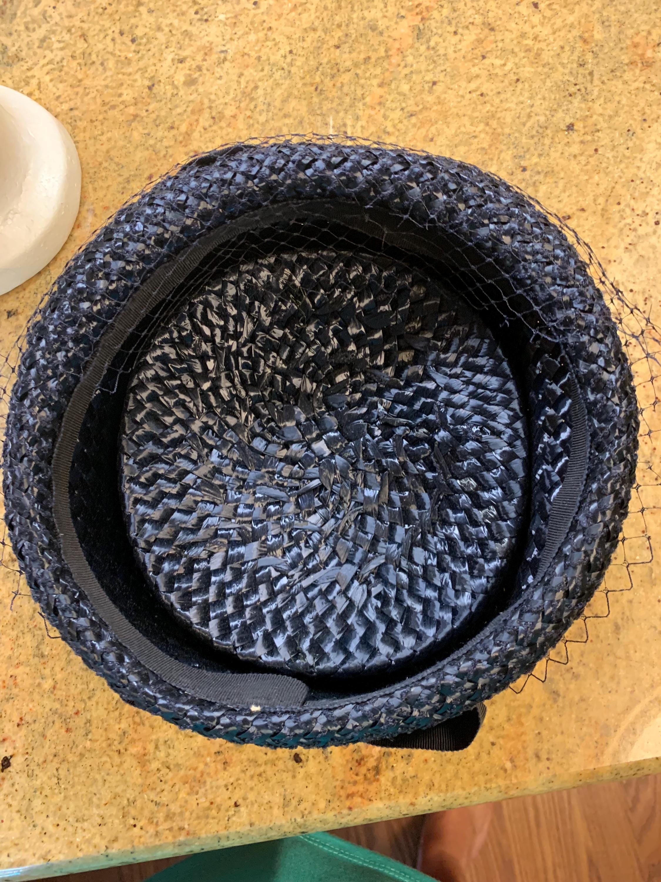 Vintage 1950s Blue Raffia Pillbox Hat With Netting - Etsy display picture 1