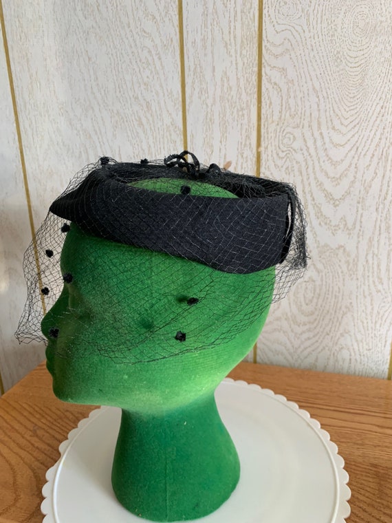1950's Black Net Hat Whimsie Polka Dot Netting Free S… Gem