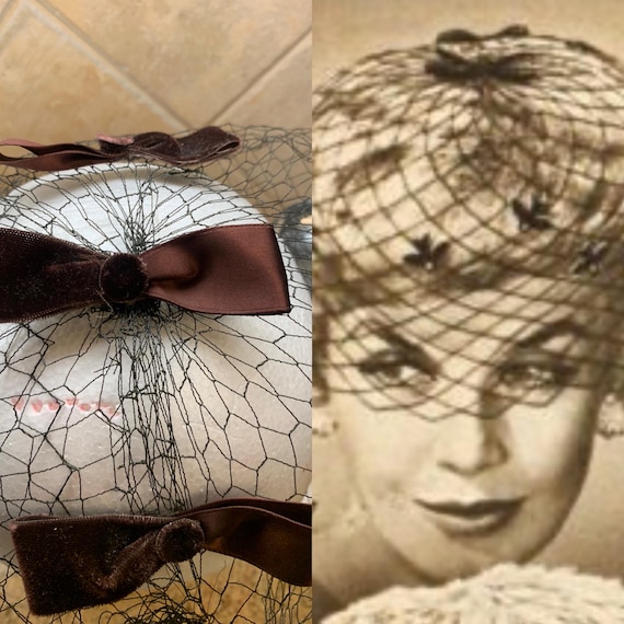 Vintage 1950s Brown Velvet Bow Fascinator Veil - Etsy display picture 1