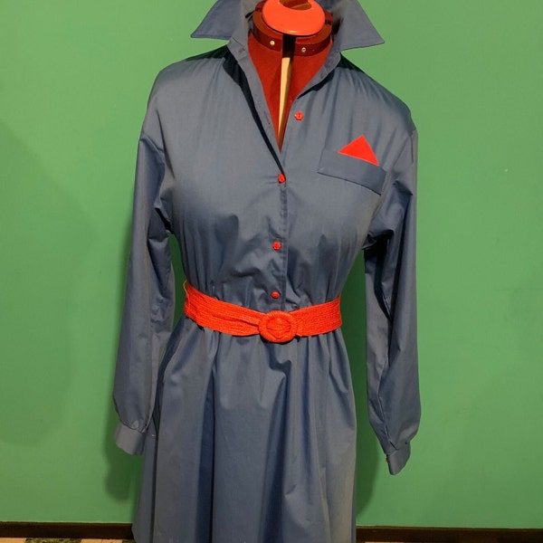 Robe chemise bleue et rouge vintage Isle of Capri des années 1980, poches, boutons hexagonaux, ceinture livraison gratuite