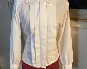 Vintage White Blouse, Embroidered Peter Pan Collar, Pleated Front