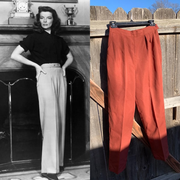 1980s High Waisted Brown Pants Pockets Katharine Hepburn
