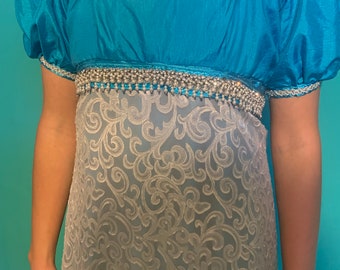 Bridgerton Regency Dress: Blue Empire Costume with Silver Outerskirt