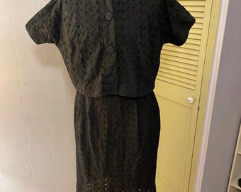 1950s Black Eyelet Lace Dress with Bolero Jacket, Martha Manning Original