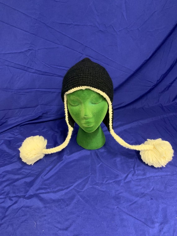 Vintage Black Knit Ear Flap Hat With Pom Poms - Etsy Israel display picture 2