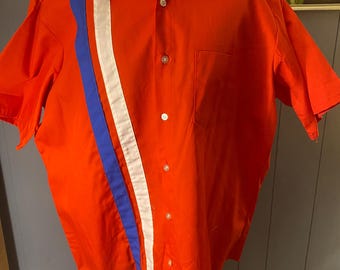 Camisa listrada vintage Red Kap Mr Exec tamanho XL | Camisa de trabalho retrô vermelha, azul e branca com botões | Estilo anos 70/80, masculina, manga curta, tamanho grande (52 de tórax)