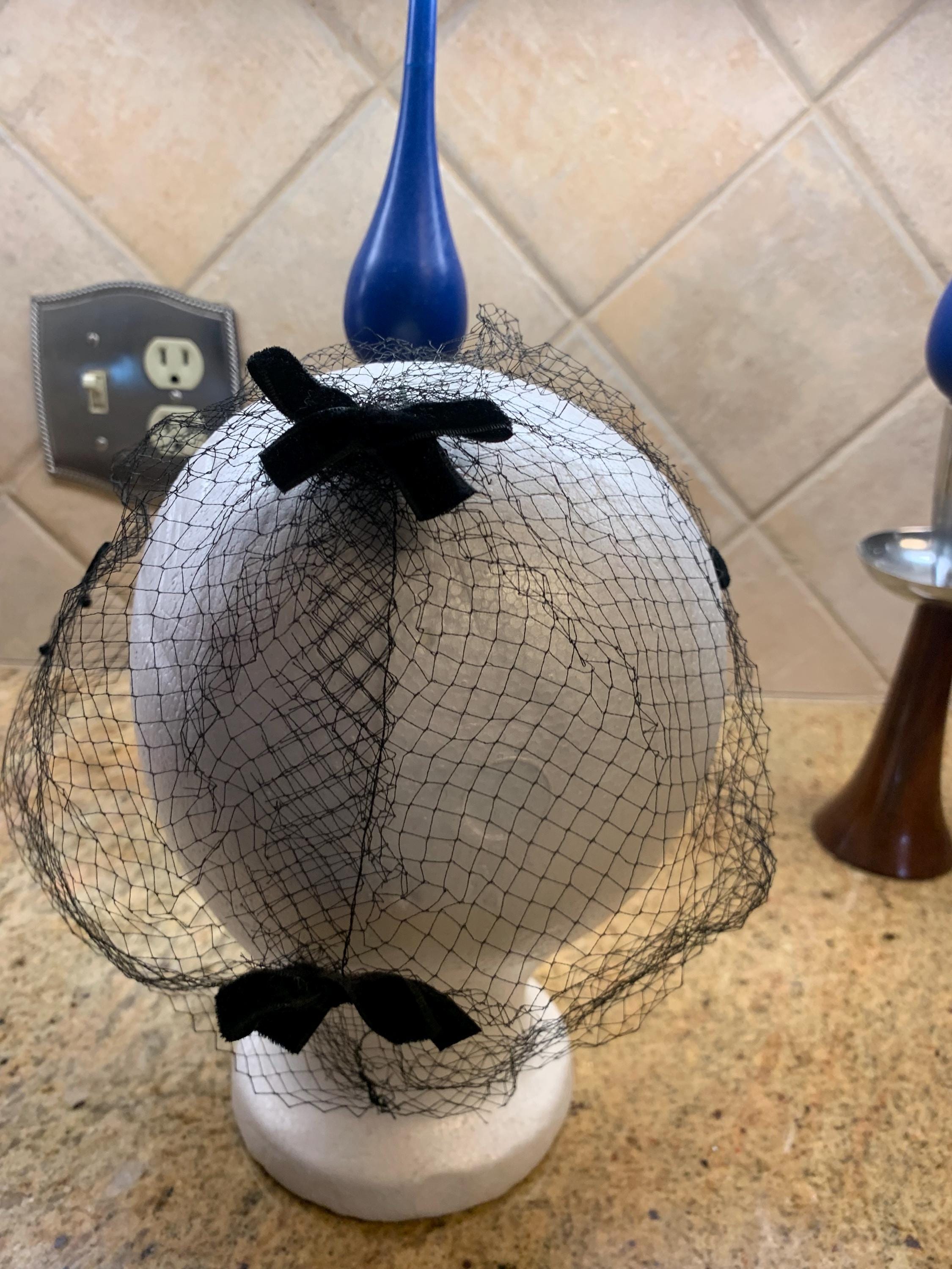 1950s Black Bow Fascinator Veil: Velvet Polka Dot Whimsy 
