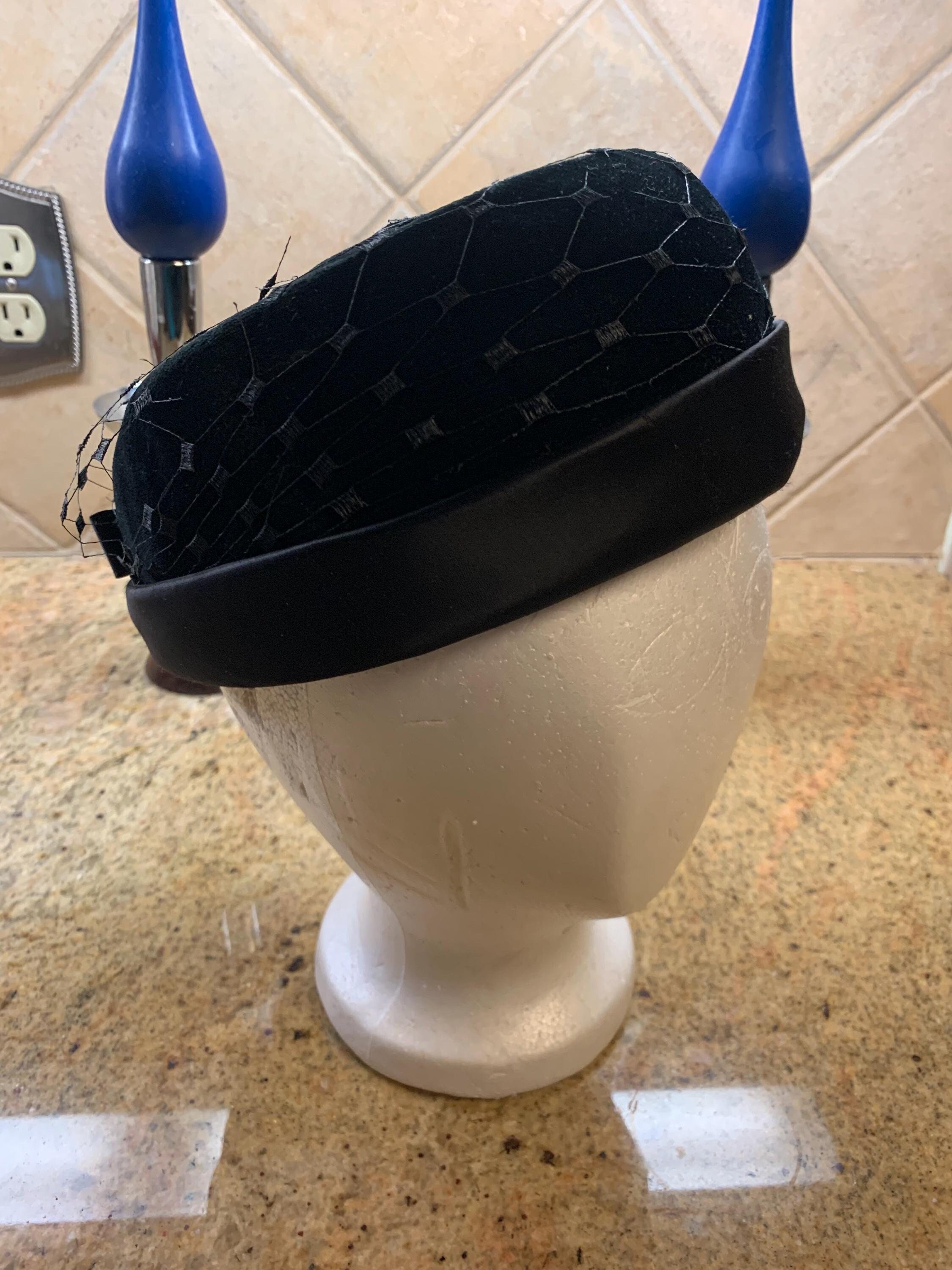 Vintage Black Velvet Pillbox Hat: 1950s Satin Brim Toque 