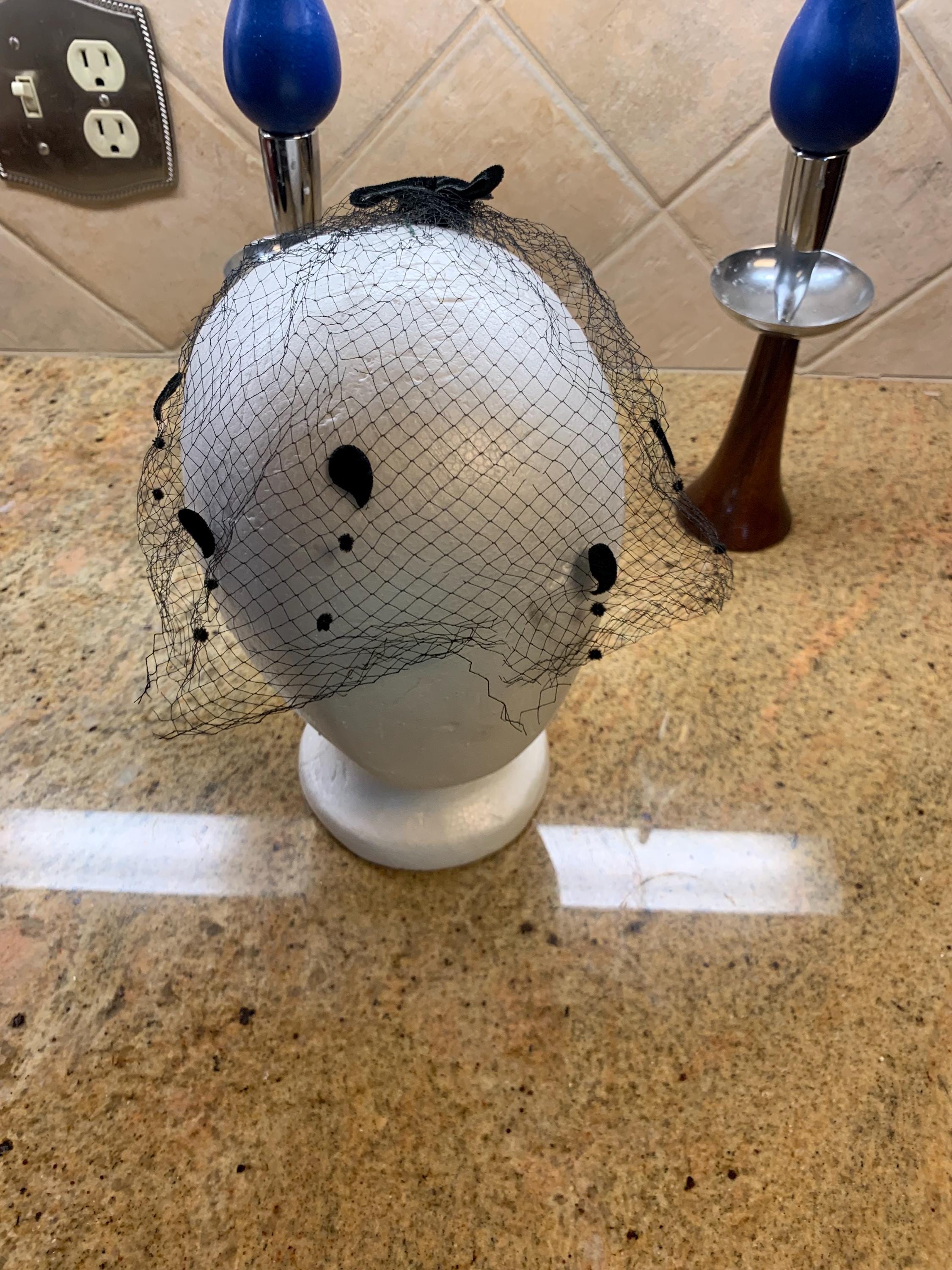 Boston Proper Vtg 80’/50s black & White Polkadot bow Veiled Fascinator 1950s Black Bow Fascinator Veil: Velvet Polka Dot Whimsy  main image 3