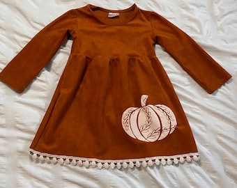 Toddler Autumn Dress: Burnt Orange Velveteen Pumpkin Applique, Size S