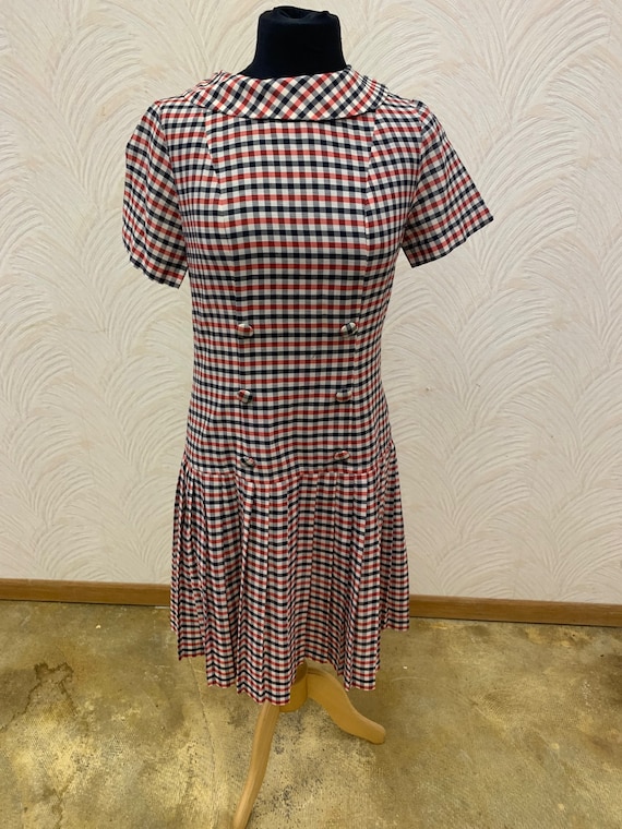 1960's Drop Waist Dress Plaid Black, Red, and Whi… - image 1