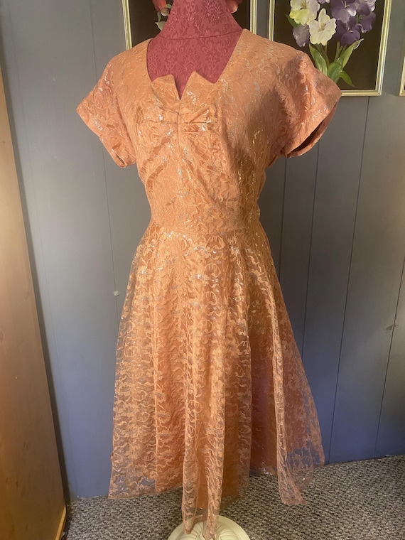 peach lace cocktail dress 1950s Peach Lace Cocktail Dress