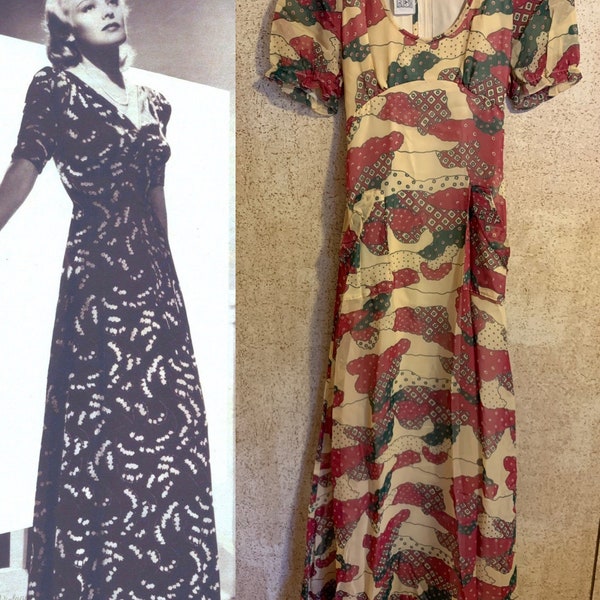 1970s Print Dress by Trivia Charm of Hollywood  Retro 1930s Gown Empire Waistline POCKETS Free Shipping