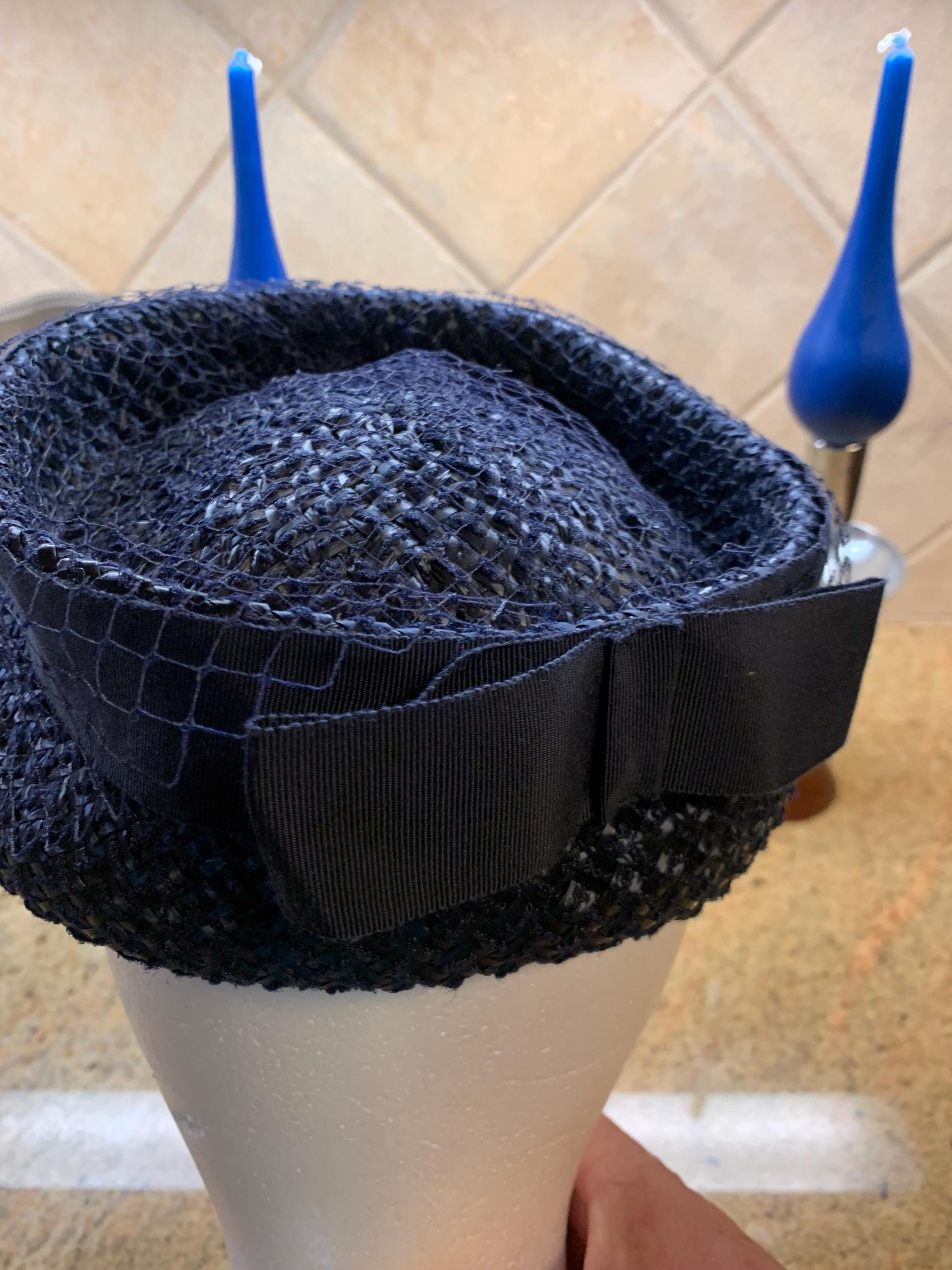 BELTONE New York Blue Raffia Tuille Pill Box HAT Royal Blue Wool Felt Pillbox Hat! Vintage Style and Timeless  main image 4