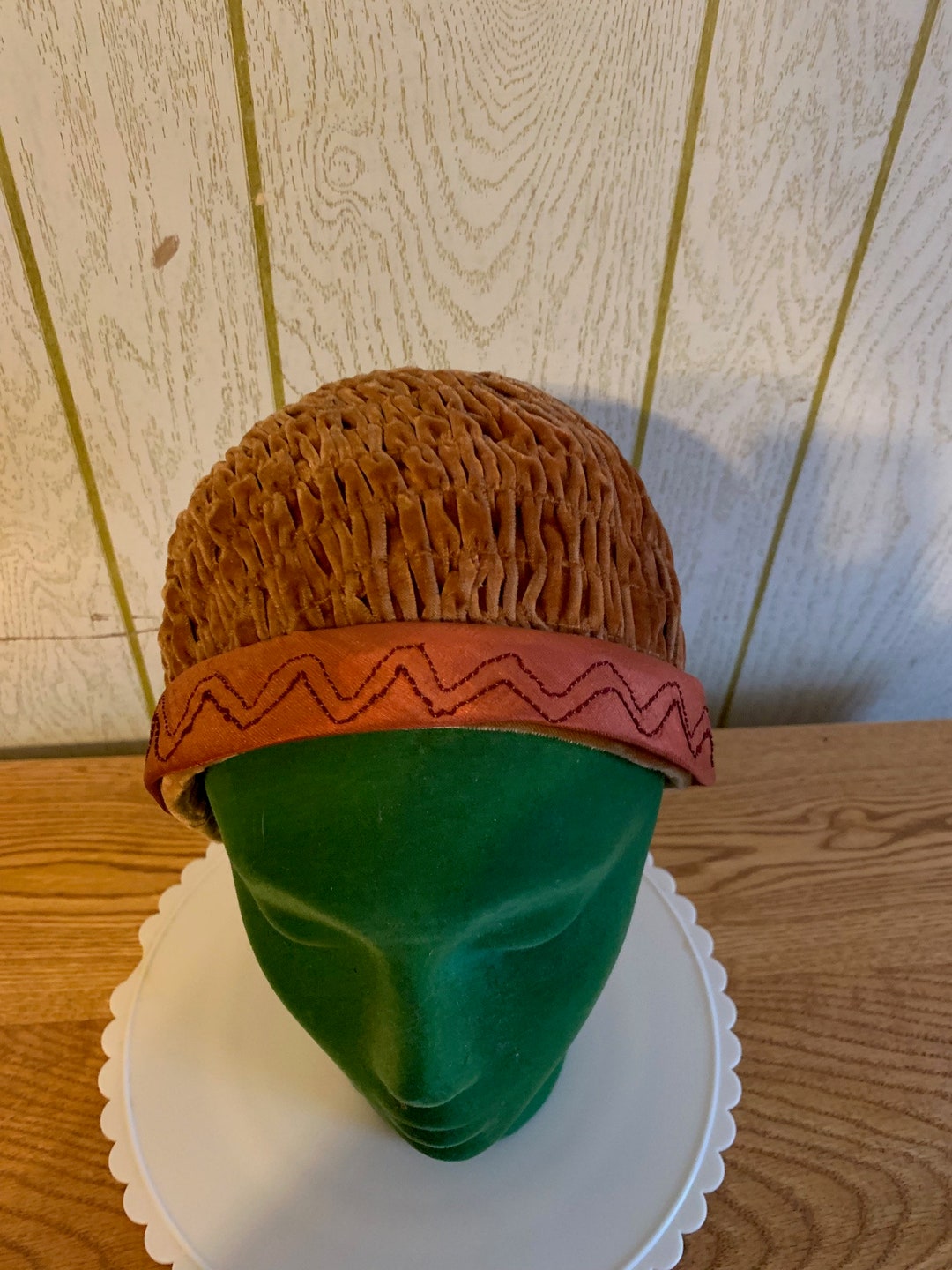 1960s Ruched Brown Velvet Bucket Hat: Copper Silk Trim - Etsy display picture 1