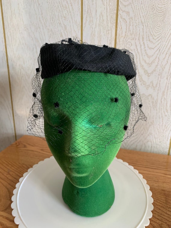 1950's Black Net Hat Whimsie Polka Dot Netting Free S… Gem