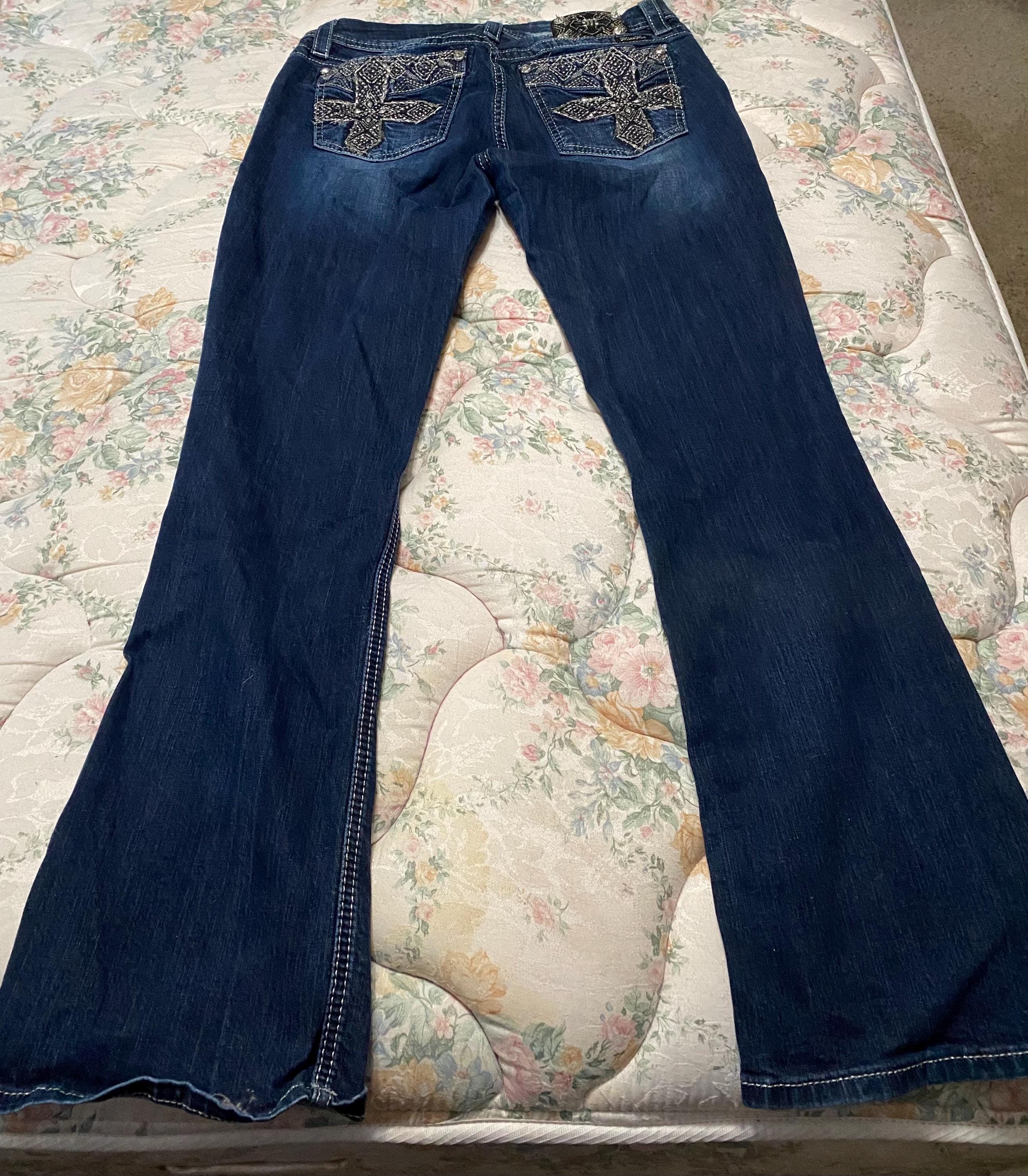 ミスミー デニムジーンズ、ラインストーン装飾、ブーツカット 31/34