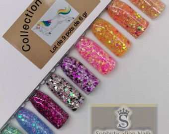 Box of 9 pots of acrylic resin nail powder of 6gr each Unicorn Collection