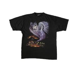 Vintage 90s Zip It London T-shirt Rare Big Graphic Print American Chief Animal Biker Wolf Native Shaman Retro Spell Out Black Tee Size XL