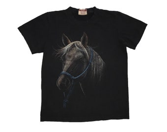 Vintage 90&#39;s Horse T-shirt Rare Animal Wildlife Nature Country Big Back 3D Print Graphic Tourist Single Stitch Black Tee Size M