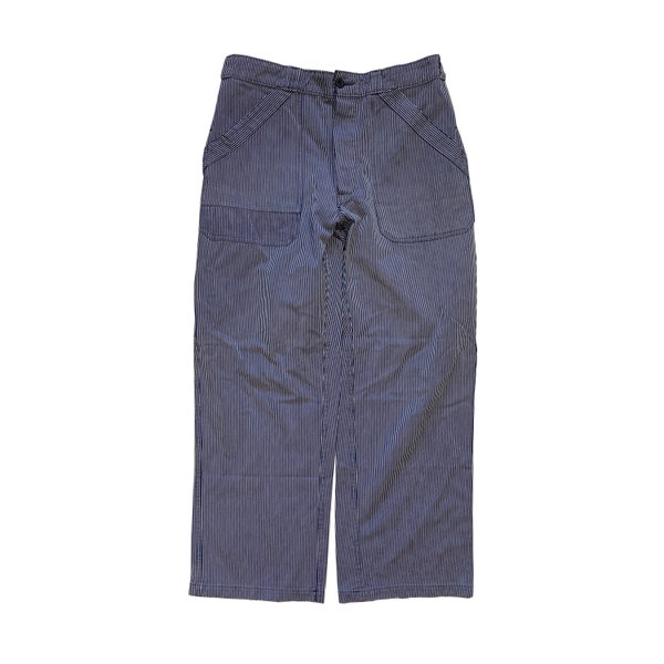 Pantaloni da lavoro vintage Marsum da lavoro con ginocchio singolo da falegname, salopette da lavoro retrò, robusti, pantaloni a righe bianche blu, taglia 50 M