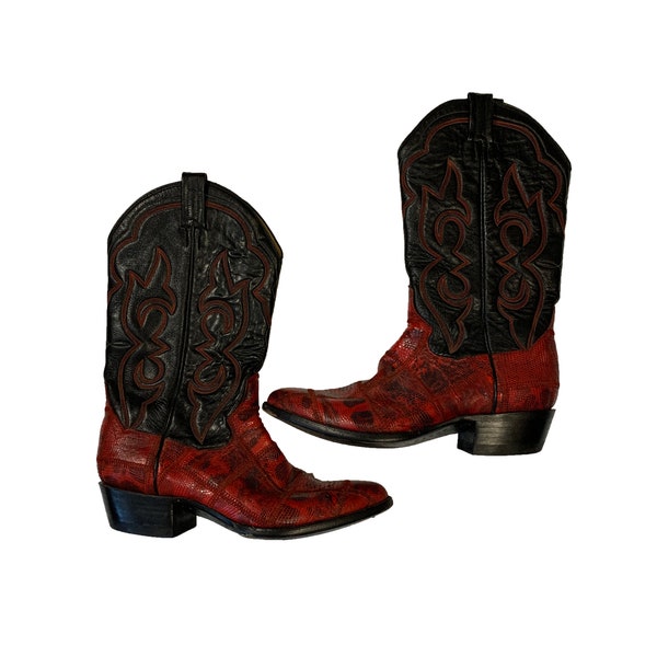 Vintage Panhandle Slim Leather Boots Snakeskin Authentic Hand Crafted in Mexico Western Cowboy Pointed J Toe Red & Black Boot Size 9 1/2