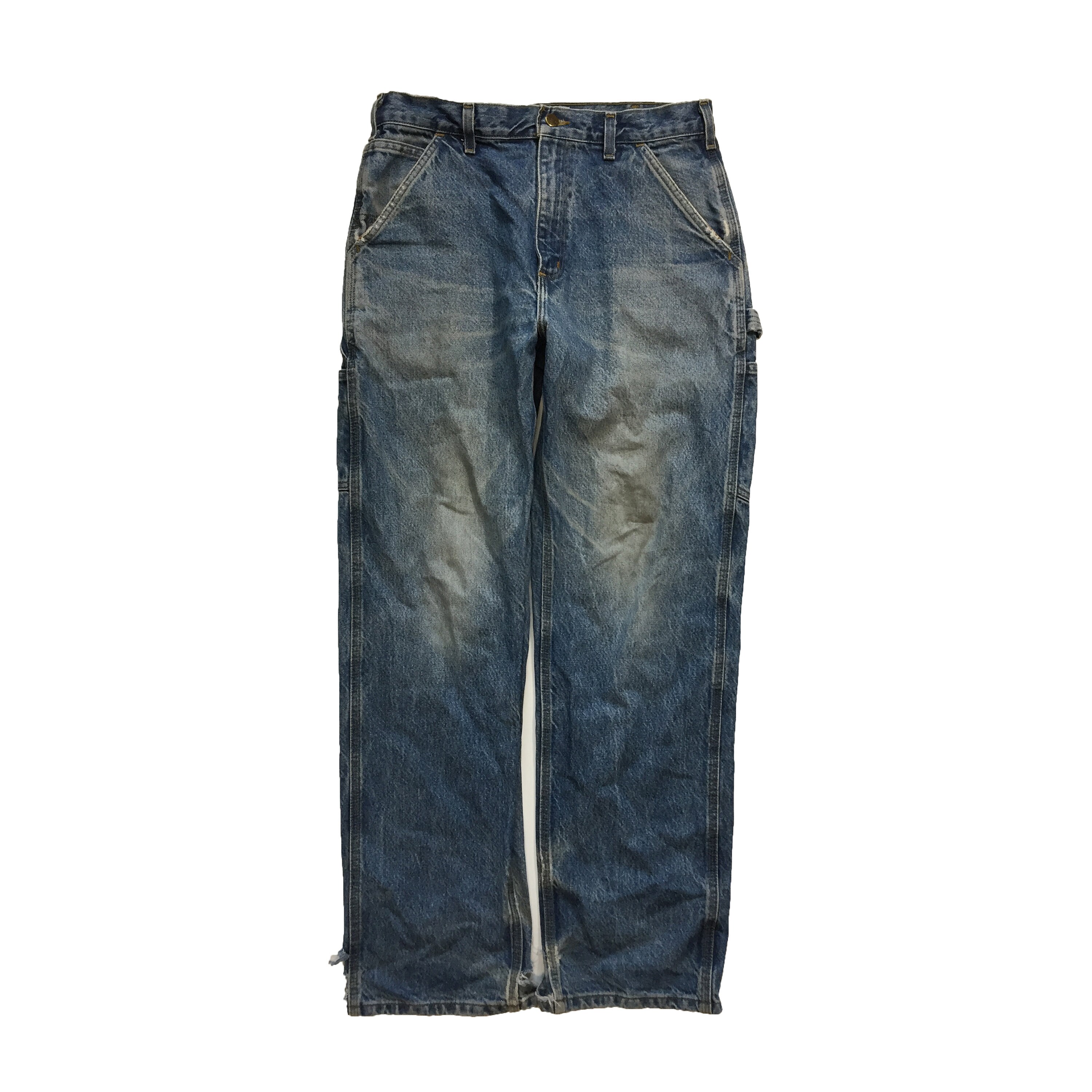 Vintage Carhartt Dungaree Fit Pants Distressed Work Carpenter Single Knee Rugged Workwear Utility Baggy Faded Blue Denim Jeans Size W32 L32