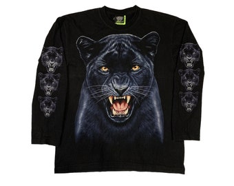 Vintage Panther Longleeve Camisa desgastada Brilla en la oscuridad Gótica Alternativa Biker Punk Single Stitch Camiseta Negra Tamaño XL