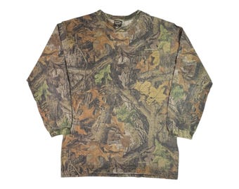Vintage Real Tree Long Sleeve T-shirt Leaf Camouflage Retro Outdoor Hunting Forest Camo All-over Print Oak Pocket Tee Size XL