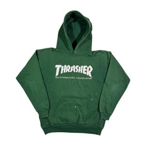 Vintage Distressed 90s Thrasher Painted Hoodie Authentic Retro Skateboard Magazine Logo Green Sweatshirt M