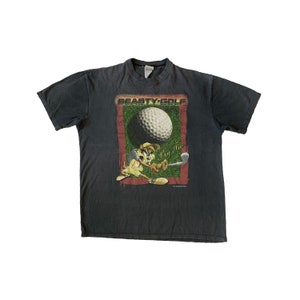 Camiseta vintage Beasty-Golf del año 2000 de Taz, auténtica, con personaje de dibujos animados retro, película de animación poco común, deportes, camiseta negra desteñida por el sol