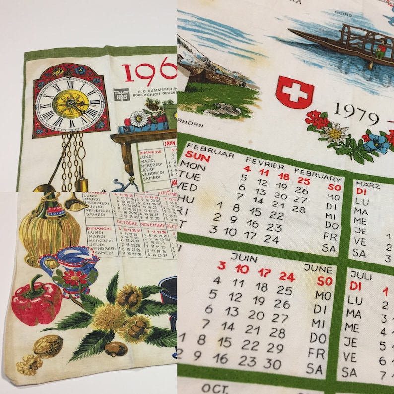 Puede incluir: Un pa&ntilde;o de cocina vintage con un dise&ntilde;o colorido que presenta un reloj, fruta y nueces. La toalla tambi&eacute;n incluye un calendario para el a&ntilde;o 196. El calendario est&aacute; en franc&eacute;s e incluye los meses de enero, febrero, octubre, noviembre y diciembre.