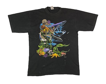 Vintage 90s Harlequin Painted Distressed T-shirt Sea Ocean Animals Wildlife Shark Fish Whale Octopus Fauna Single Stitch Black Tee XL