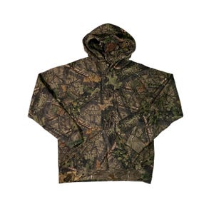 May include: A green, brown and black camouflage hoodie with a drawstring hood.