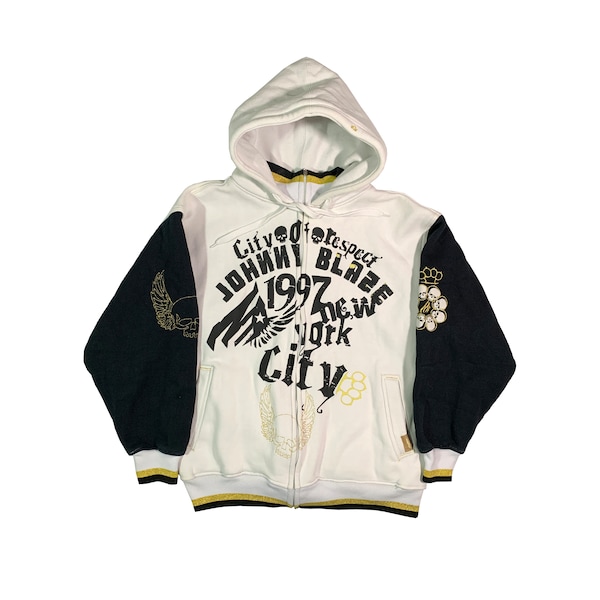 Vintage Johnny Blaze Hoodie City of Respect Rare Hip-Hop Streetwear Rap Baggy Fit Oversized Full Zip White & Black Hooded Sweat Jacket XL