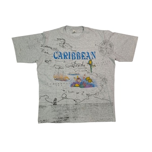 Vintage 90er Jahre Karibik T-Shirt Retro Reisen Karte Tauch Meer All-over Grafik Allover Print Single Stitch Heather Tee XL